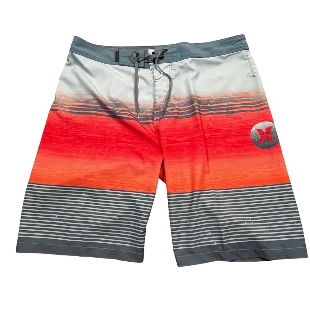 Hurley Phantom Board Shorts 30 Gray Red Striped Surf Swim Beach Summer